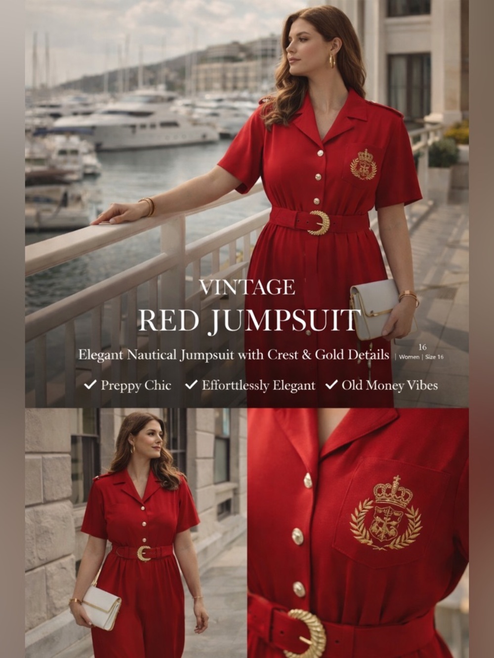 Vintage Red Nautical Jumpsuit Gold Crest Belt Preppy Old Money Style